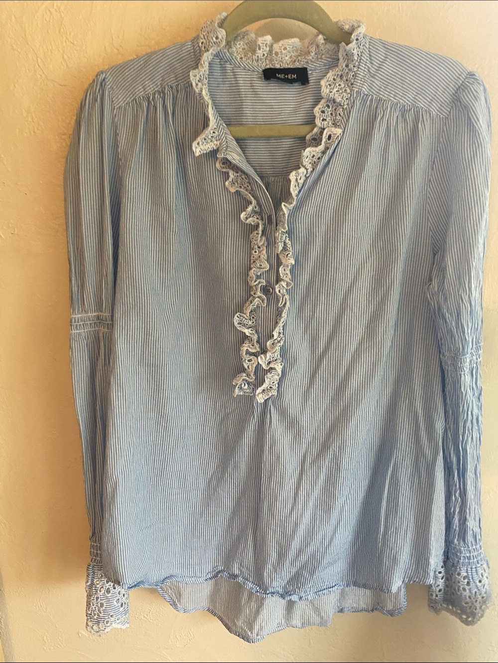 ME+EM Light Blue Pinstripe Blouse with White Lace Trim